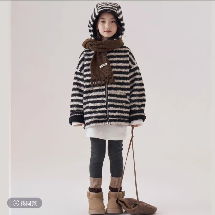 女童韩系2025冬季时尚条纹毛绒外套