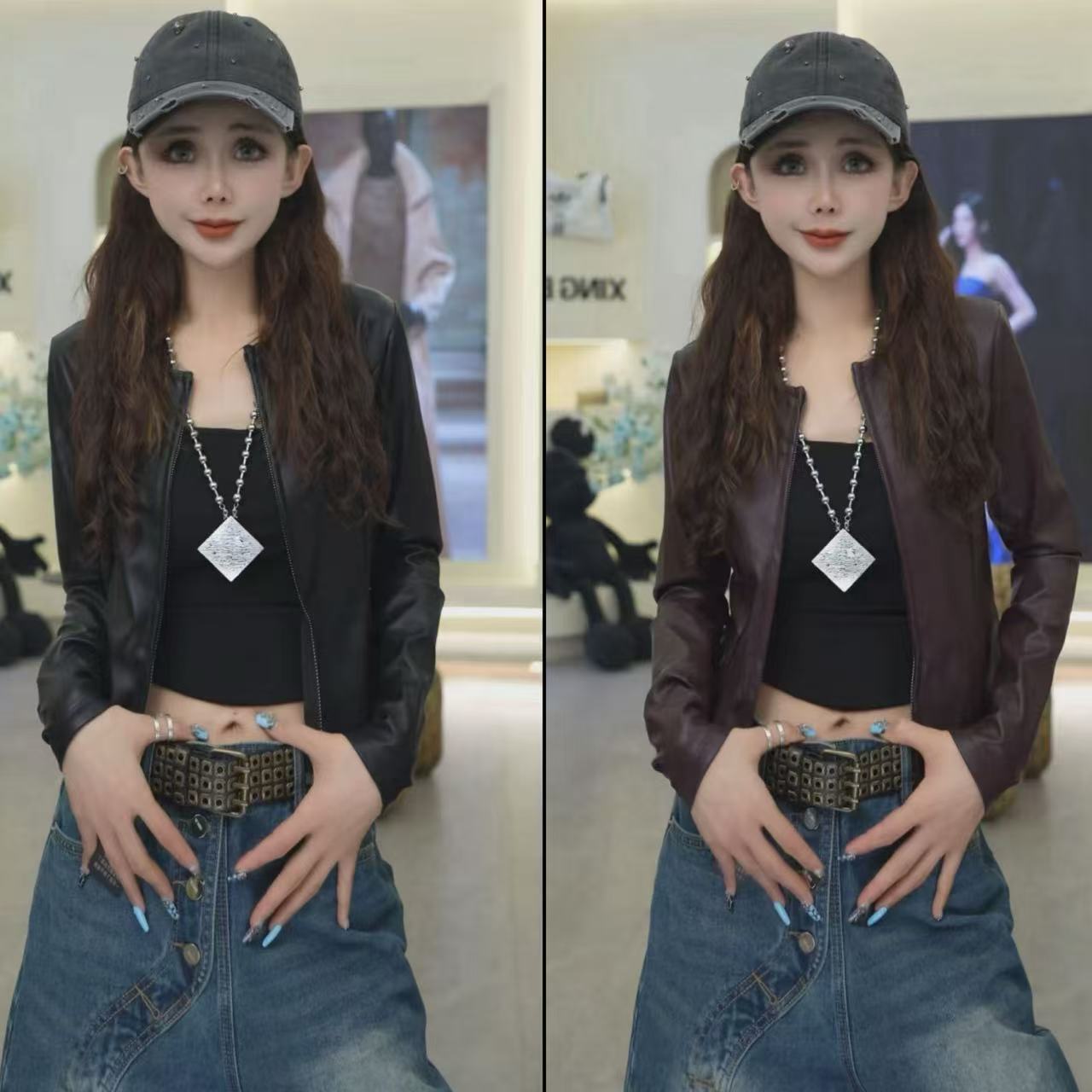 星宝定制复古辣妹机车风PU蛋白皮衣夹克外套女2025秋季新款