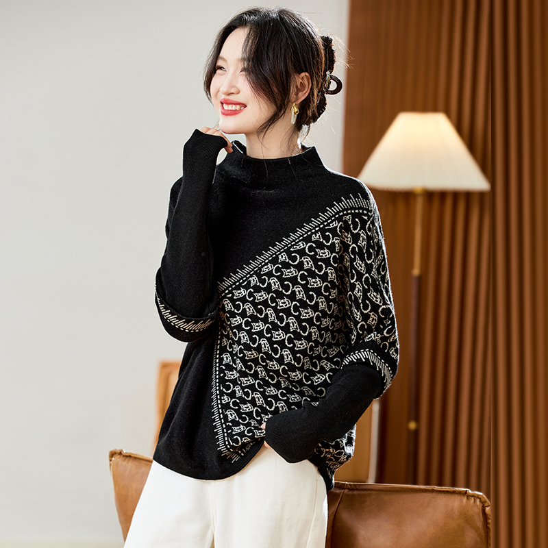 品牌女装毛衣女秋冬新款半高领针织衫连肩袖宽松时尚内搭外穿上衣