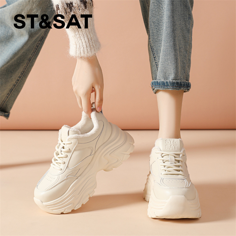 星期六真皮厚底加绒老爹鞋女2025秋冬新款松糕底运动鞋减龄小白鞋