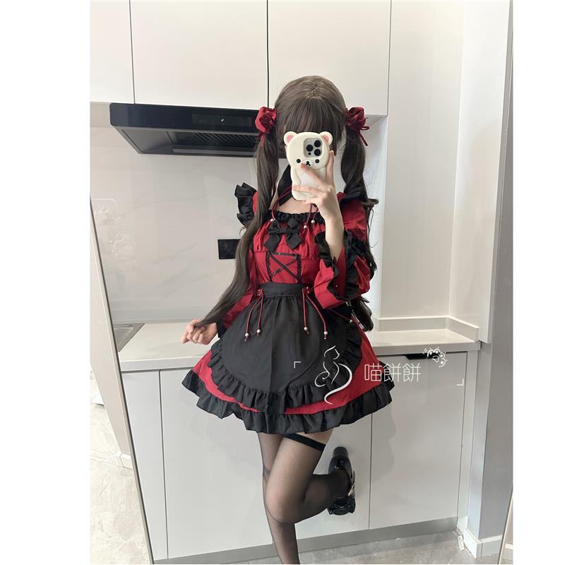 喵饼饼:万圣节女仆装暗黑系哥特风小恶魔黑红长袖洛丽塔连衣裙