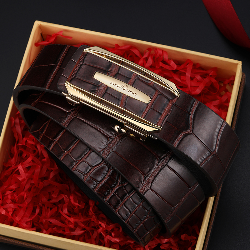 男士真皮腰带无牙自动扣商务鳄鱼纹牛皮皮带中青年轻奢时尚裤带男