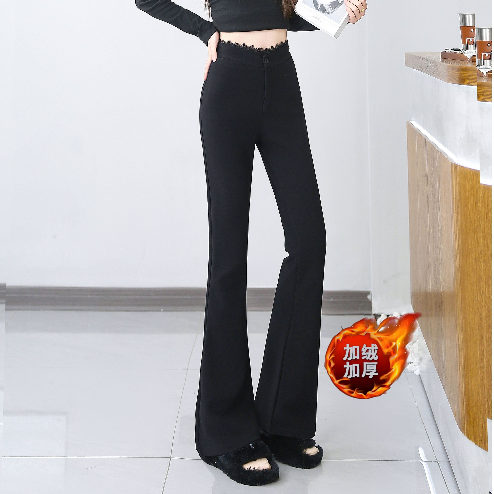 9802蕾丝升级澳绒加厚女士喇叭裤高腰女神微喇裤黑色显瘦马蹄裤