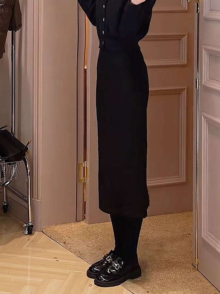 张元一同款女装高腰直筒开叉半身裙女秋冬季加厚垂坠感包臀一步裙