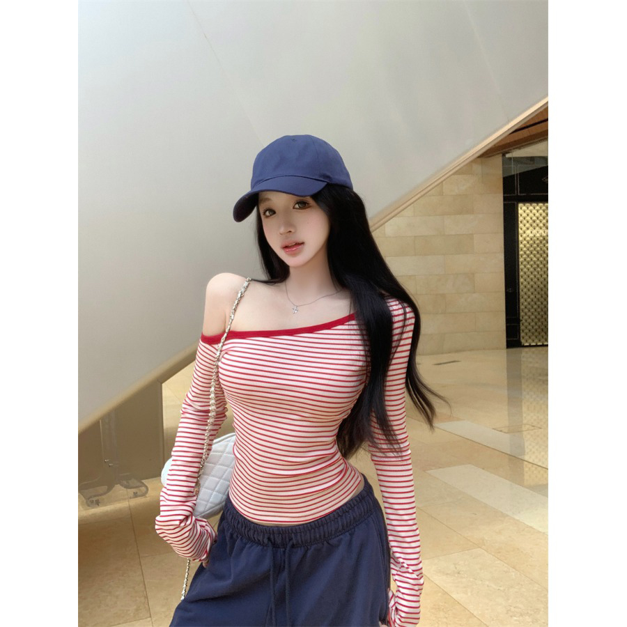 辣妹条纹斜肩长袖T恤女装秋季纯欲风收腰修身紧身短款小个子上衣