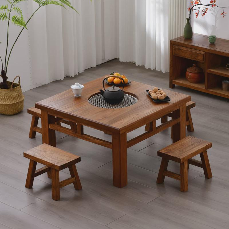 老榆木围炉煮茶桌子火锅桌椅实木煮茶桌复古中式小方桌户外烧烤桌