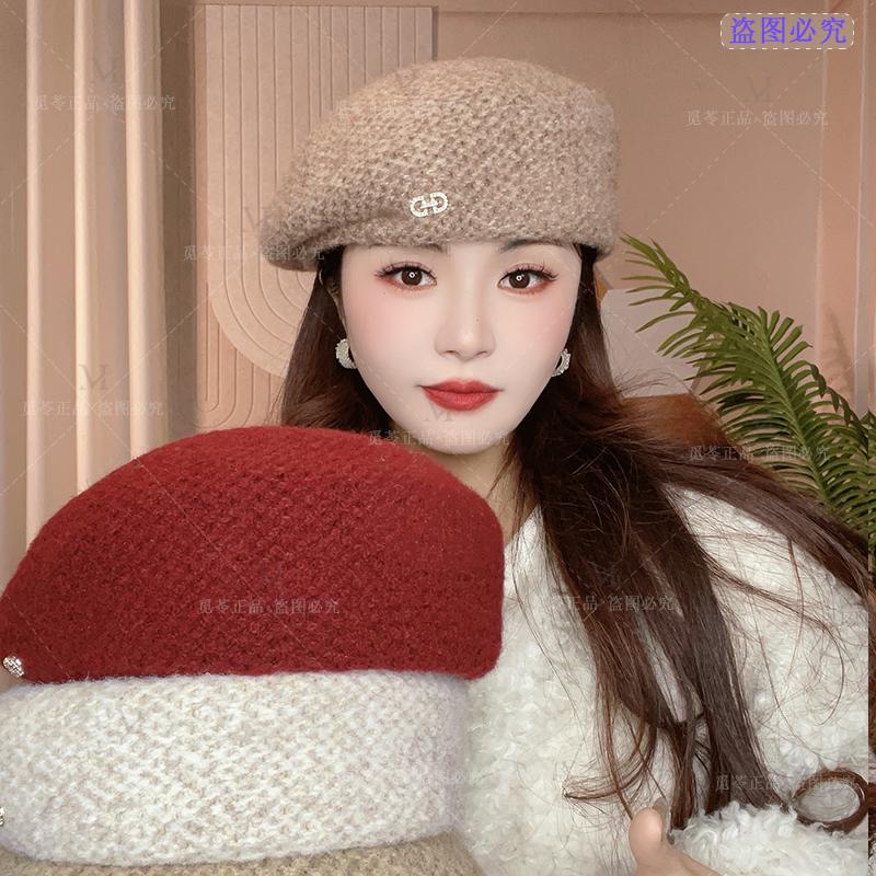 [立体钩花]秋冬保暖气质女士澳毛贝雷帽洋气显脸小画家帽新款帽子