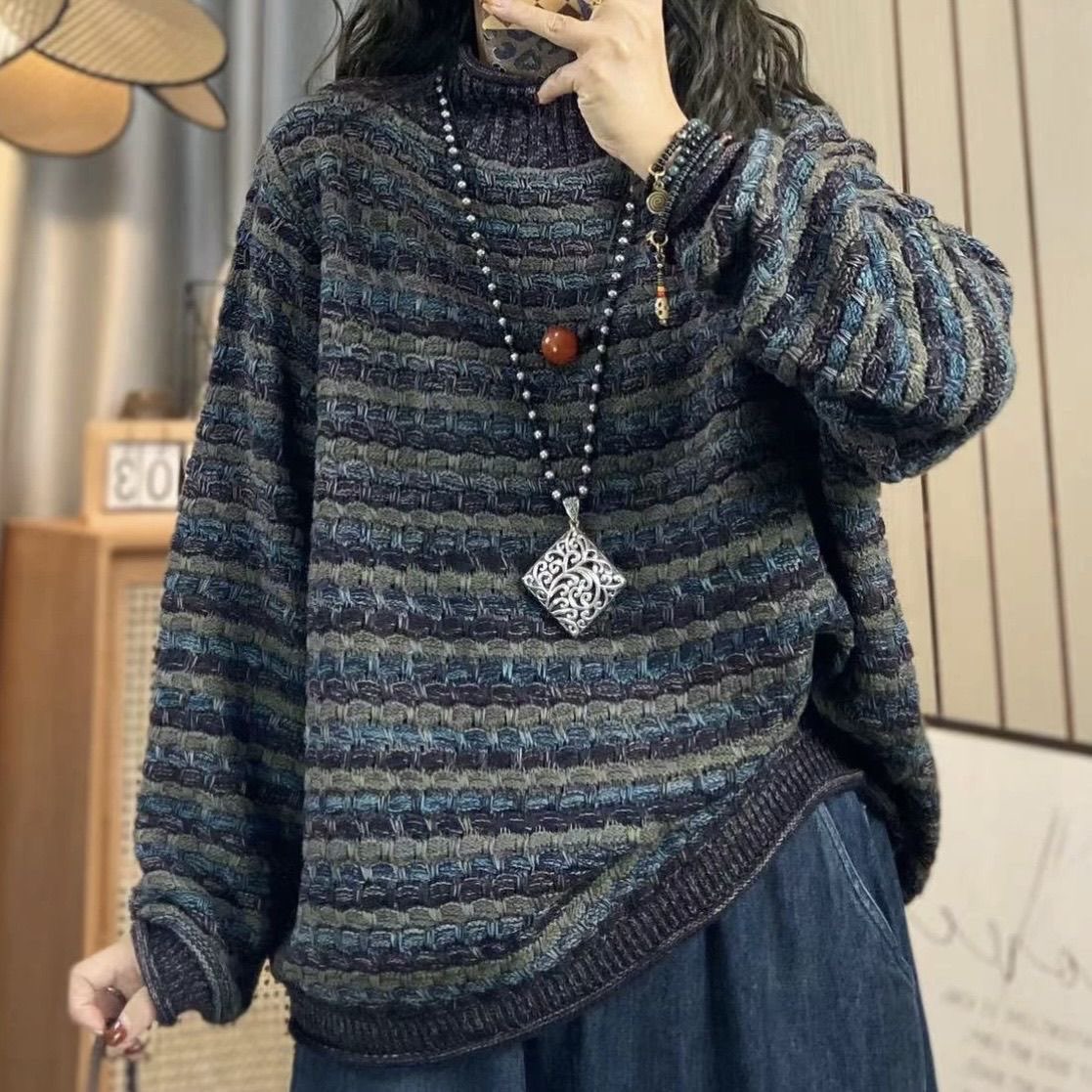 秋冬时尚轻奢高级感文艺复古慵懒风条纹针织毛衣外穿打底衫上衣女