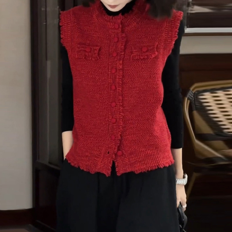 新年本命红色毛边无袖针织马甲女春秋外搭叠穿高级感复古气质上衣