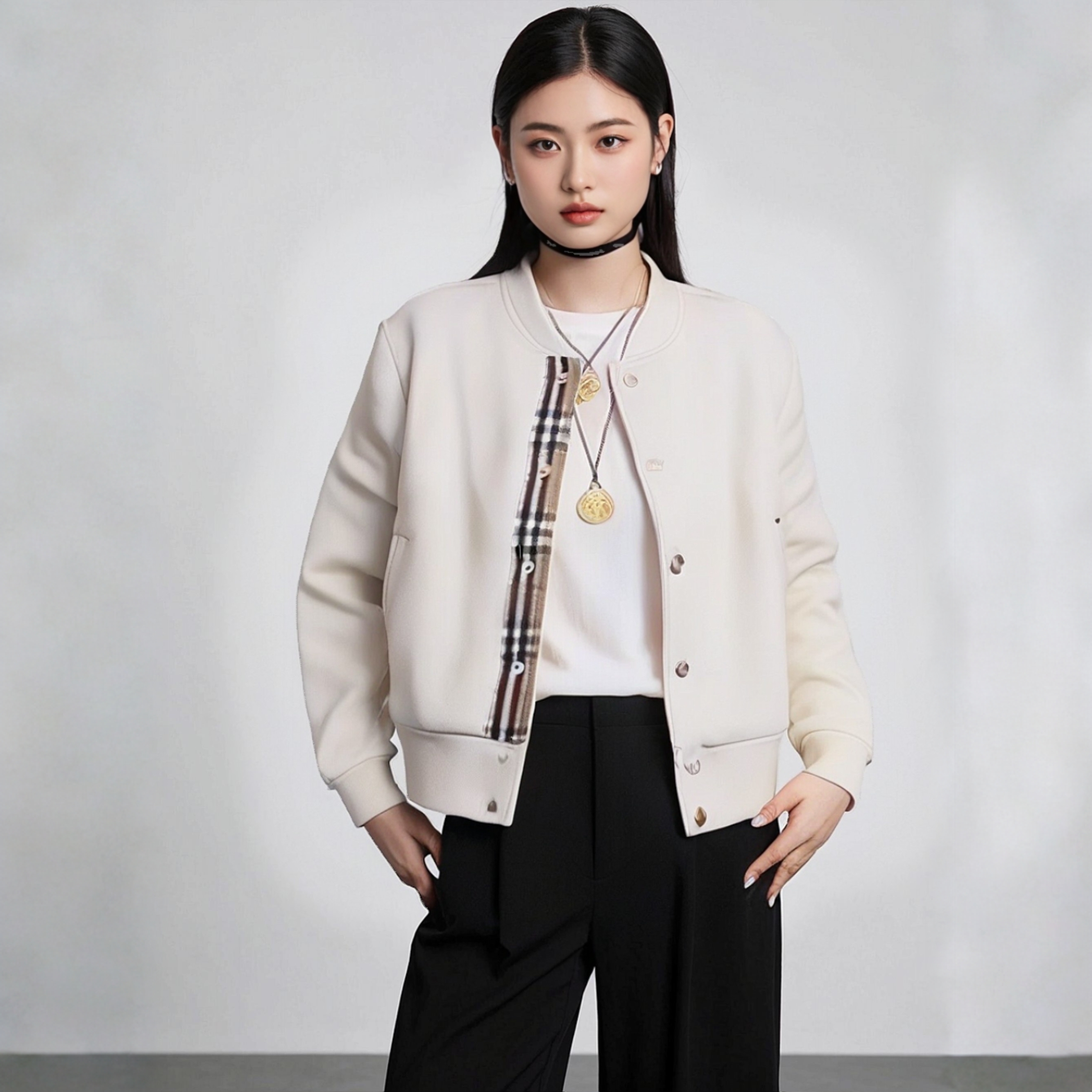 【格纹拼接】2025早秋新款韩系百搭宽松格纹拼接外套LK2506645