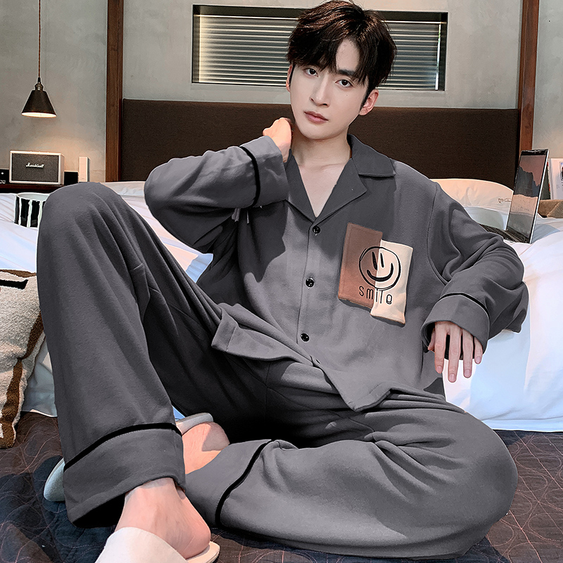 睡衣男冬季长袖翻领薄绒笑脸可外穿家居服套装89303#