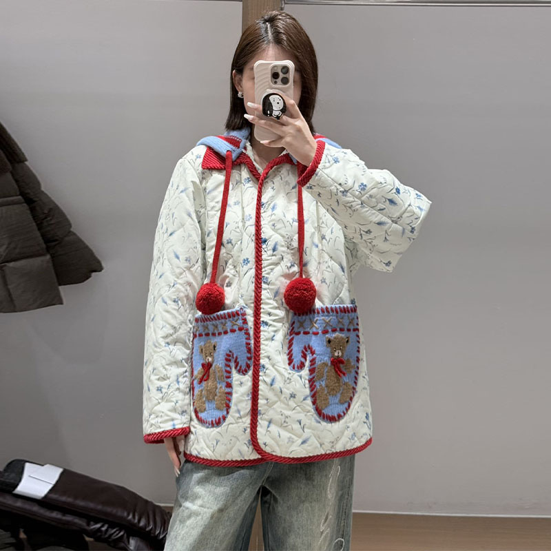 【现货】FORDARE/福蝶25秋冬小熊手套毛织连帽棉服棉衣加厚冬季外套