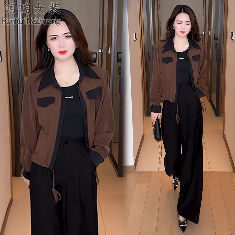 轻熟风时尚套装女2025秋季新款宽松显瘦长袖防晒衬衫阔腿裤两件套