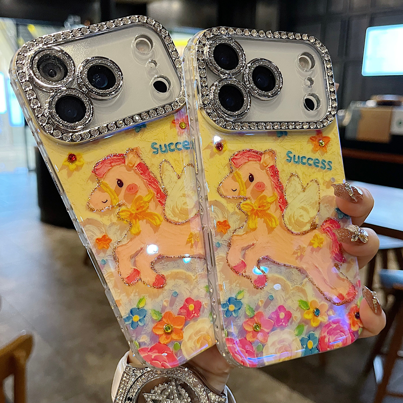 适用苹果系列iPhone17新款手机壳小众花朵小马全包满钻精孔镜头框