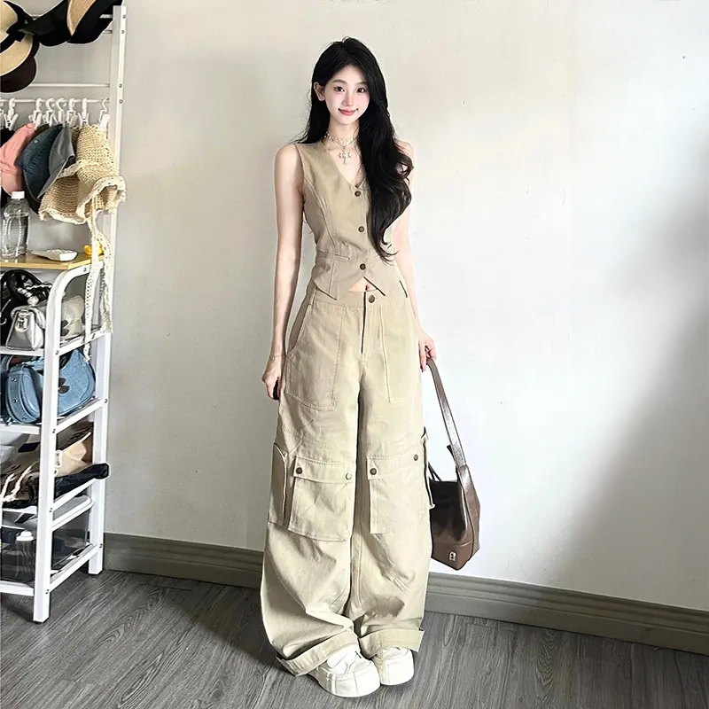 夏季新款炸街酷飒气质套装女马甲背心上衣显瘦工装阔腿裤两件套女