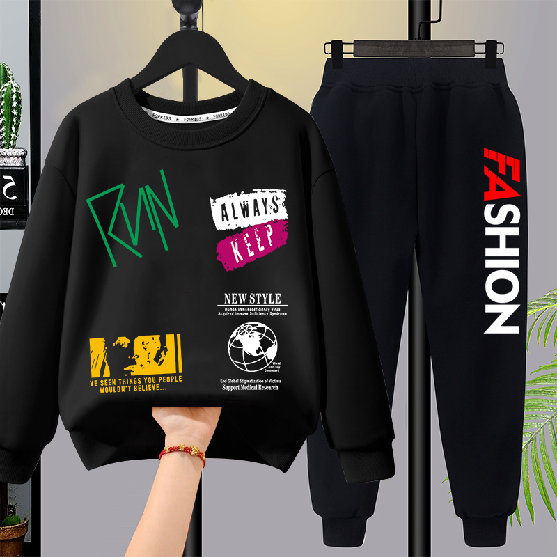 男童秋装加绒卫衣套装新款儿童衣服时髦男孩中童秋冬运动冬季帅气