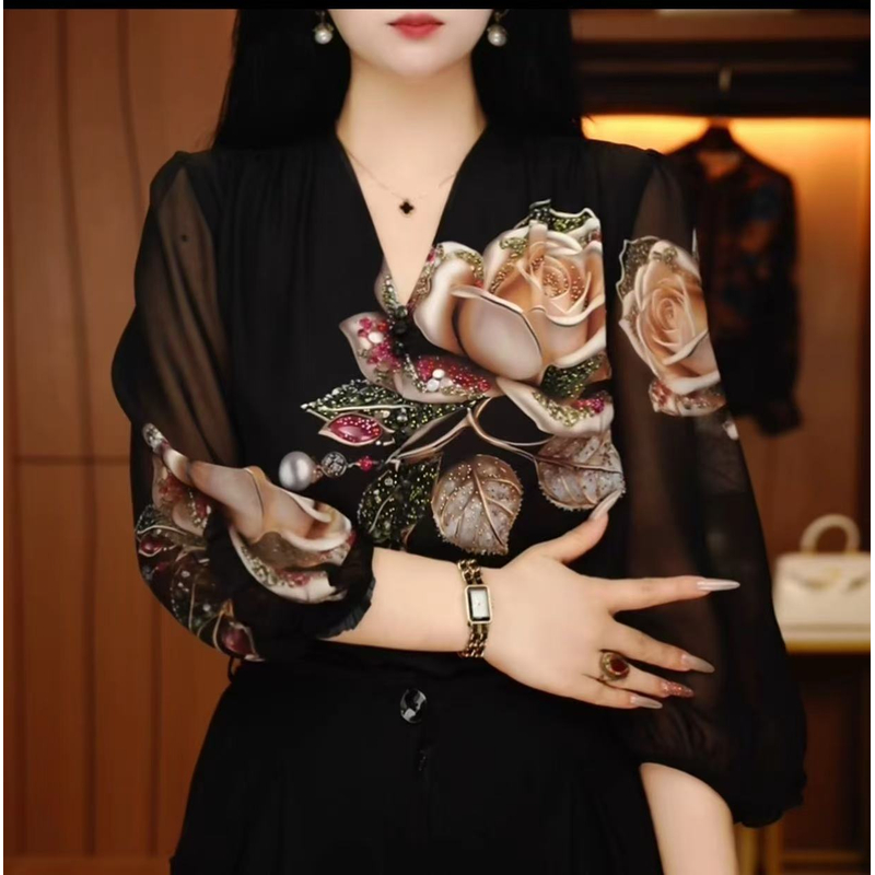 【金玫瑰】高端定位印花气质百搭女衬衣！洋气七分袖V领显瘦小衫2527