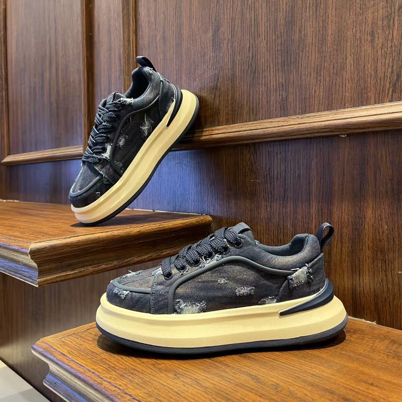 男鞋春季复古风做旧破洞厚底休闲鞋低帮潮流百搭增高小众男士鞋子