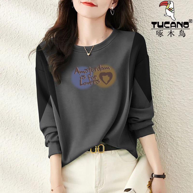 啄木鸟纯棉春秋季撞色拼接字母时尚卫衣女宽松显瘦洋气长袖体恤衫