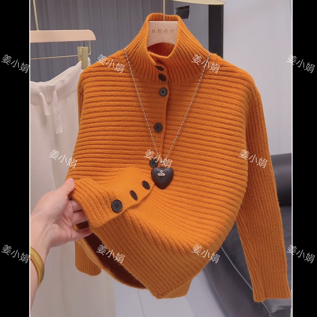 千-纯色坑条设计感单排扣开衫毛衣韩系宽松休闲百搭高领针织衫女