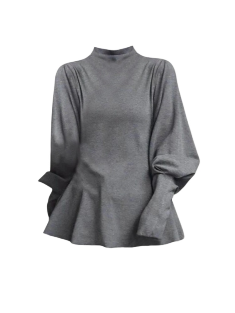 胖mm设计感收腰半高领T恤打底衫女秋冬季修身内搭显瘦灯笼袖上衣