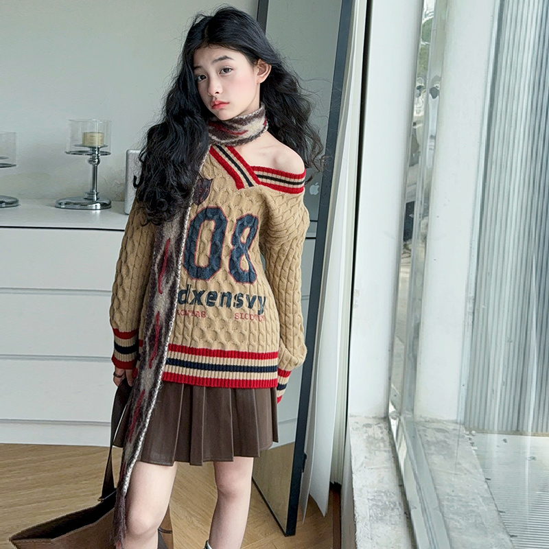 美式复古学院风撞色露肩毛衣女童2025春秋新款慵懒风宽松针织上衣