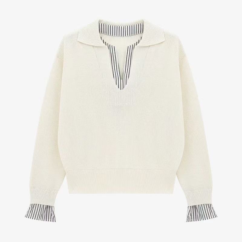 花倾慕韩系假两件撞色拼接条纹针织衫女春季百搭显瘦气质毛衣9335