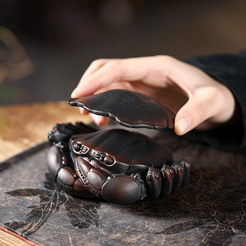 创意紫陶螃蟹过滤器陶瓷茶漏茶滤网全瓷一体茶宠摆件可养茶道零配