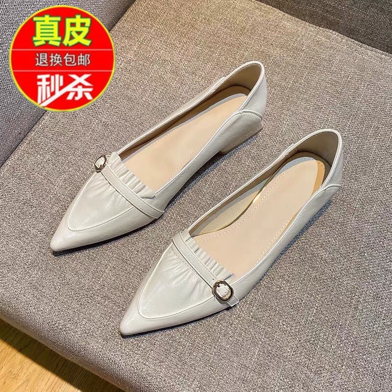 品牌断码尖头单鞋女新款春两穿晚晚风温柔浅口通勤鞋真皮粗跟瓢鞋