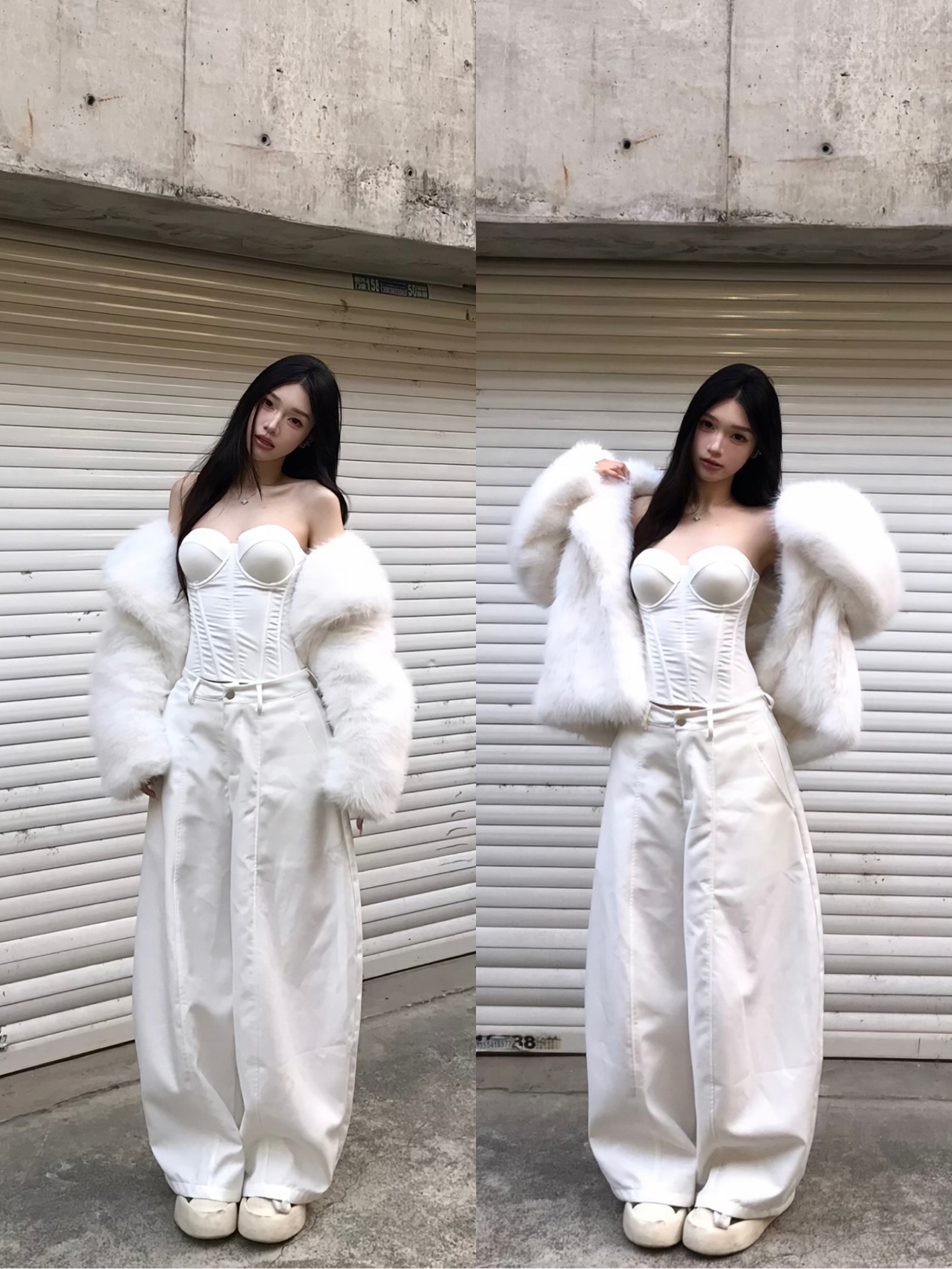 【珍珠白雪】春季新款软糯保暖外套+辣妹显瘦鱼骨塑身抹胸+阔腿裤女