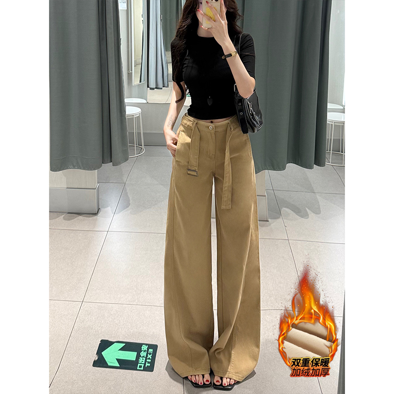 卡其腰带加绒高腰阔腿牛仔裤女2025冬款慵懒休闲百搭拖地裤蛮腰纪