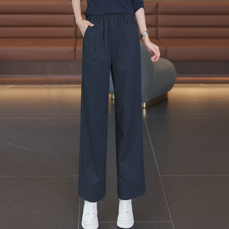 常规休闲裤松紧腰直筒裤女2025秋季新款小个子百搭纯色九分阔腿裤