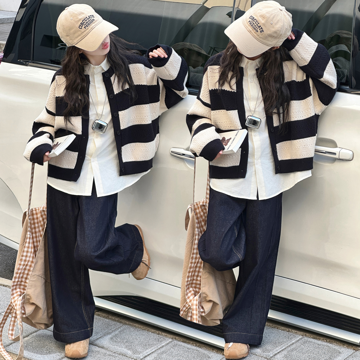 女大童秋季超好看条纹针织毛衣开衫2025新款韩版衬衫牛仔裤套装潮