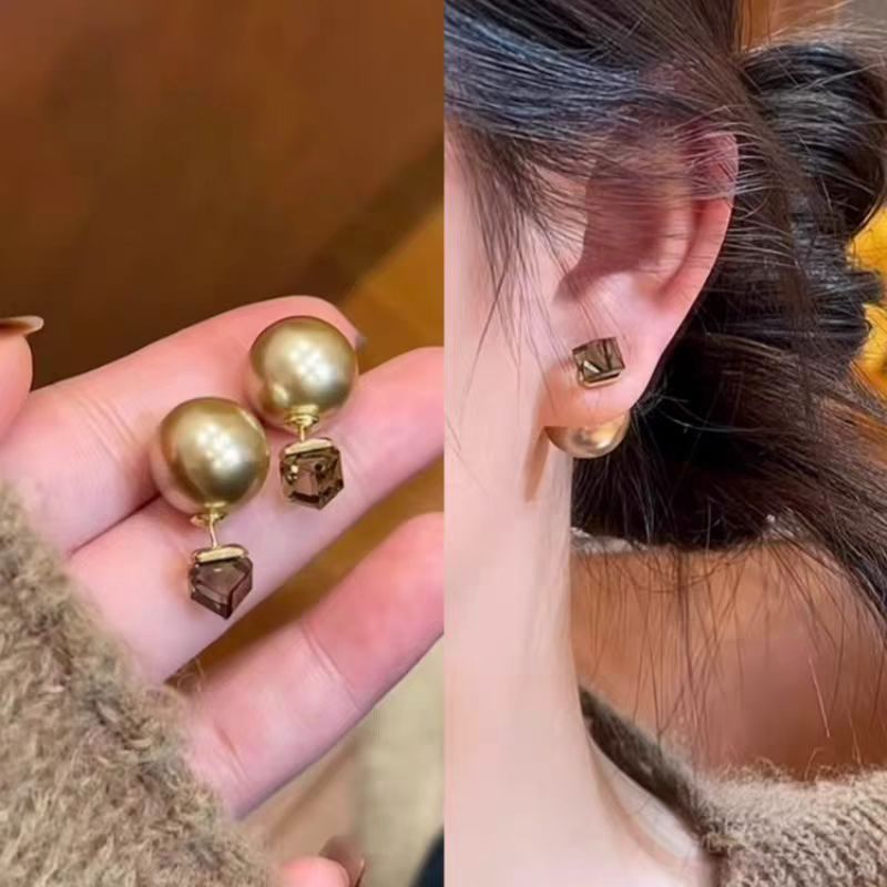 铜合金耳饰 秋冬新款茶色方糖珠珠前后戴耳钉耳饰新款耳环女