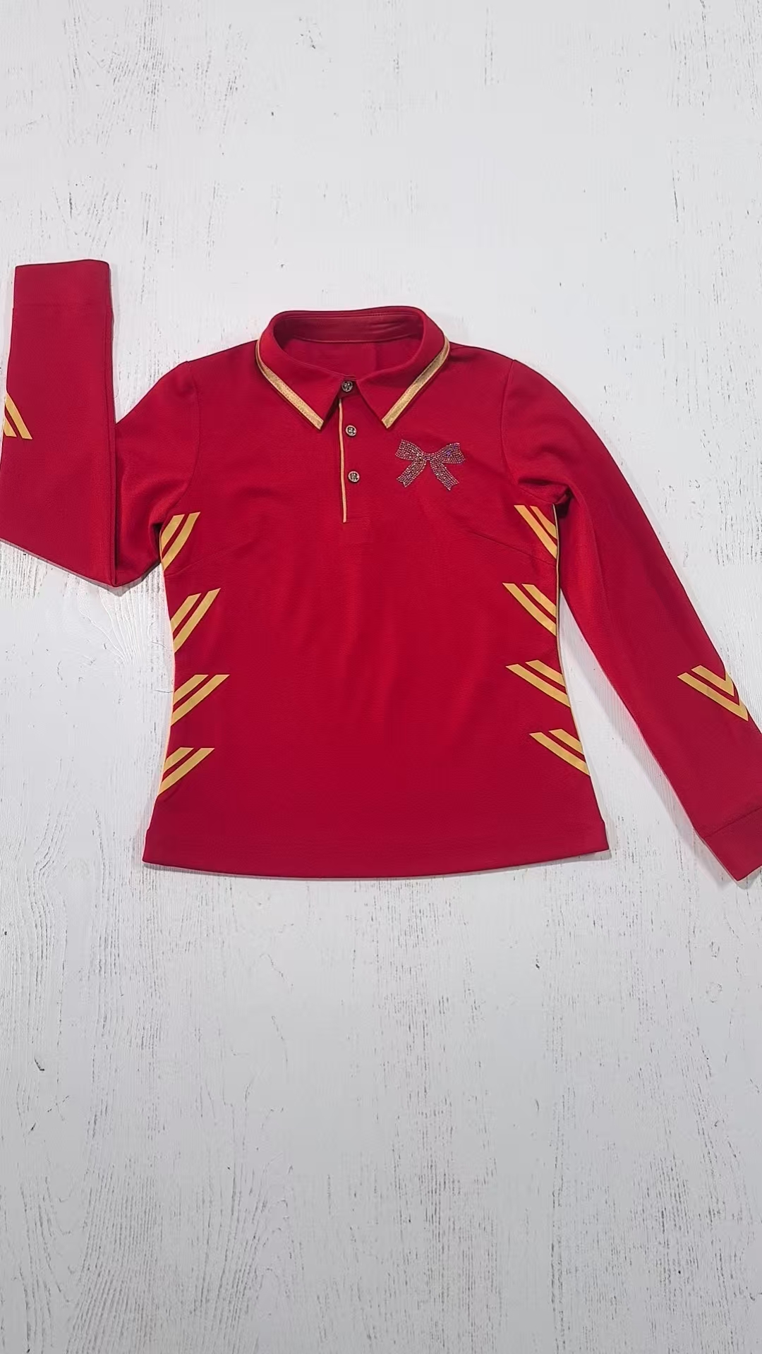 新款佳木斯健身操红色修身时尚显瘦腰花款高弹罗马棉长袖单件T恤