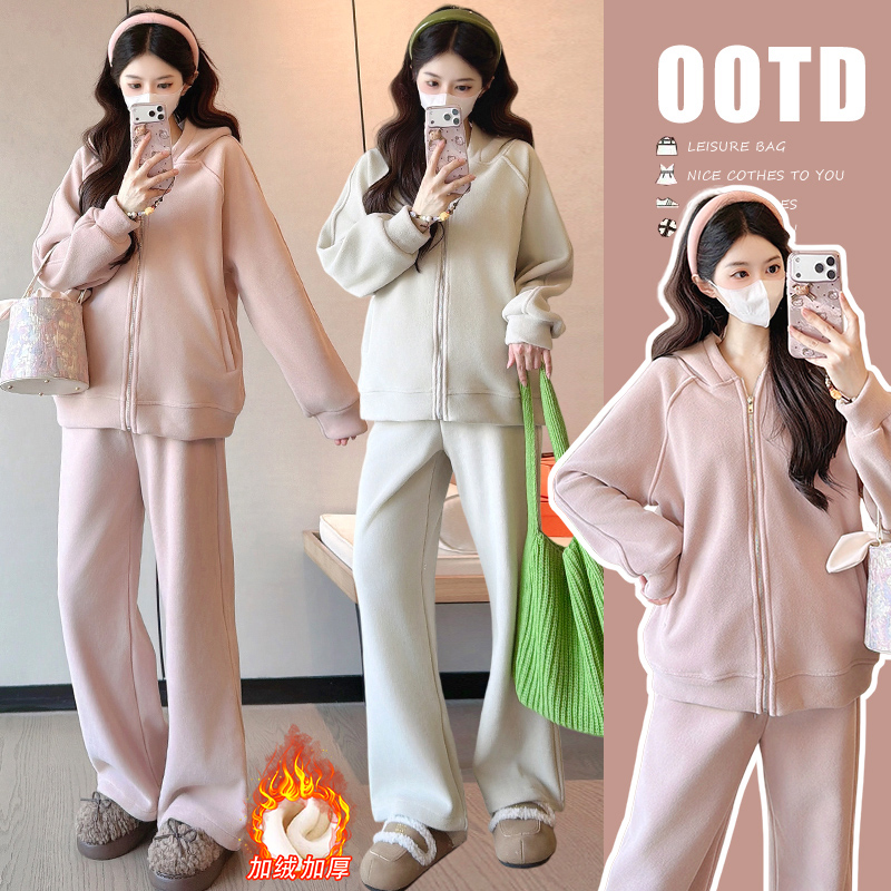 孕妇装秋装2025新款秋冬外穿宽松大码韩系连帽卫衣外套休闲裤子女