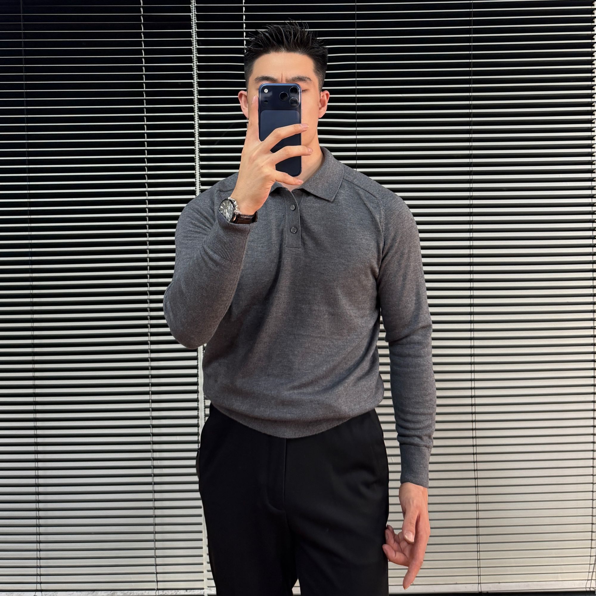 绵羊毛 30.7%针织翻领T恤休闲长袖男纯色Polo衫商务休闲针织衫