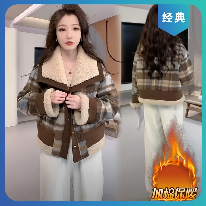 短款撞色夹棉加厚小香风外套女秋冬装新款2025韩系小个子保暖上衣
