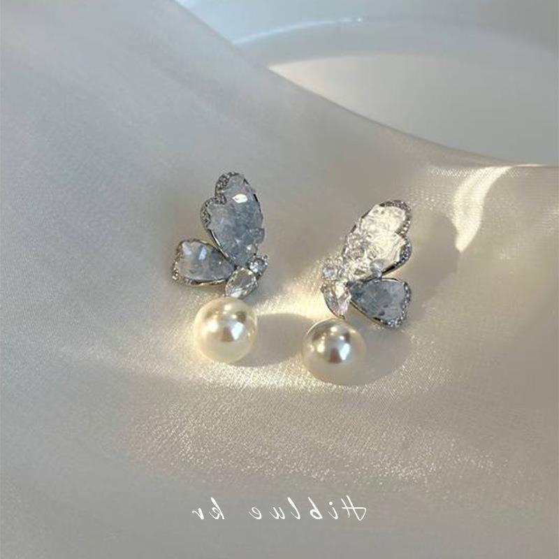 铜合金锆石耳饰 气质复式小众仙温柔轻奢百搭耳饰渐变蓝色素款复