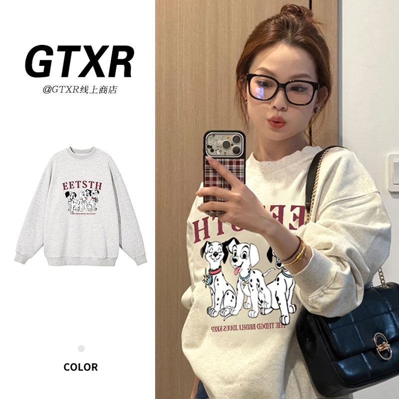 秋日甜美可爱斑点狗狗印花圆领卫衣女2025新款秋冬百搭款宽松设计