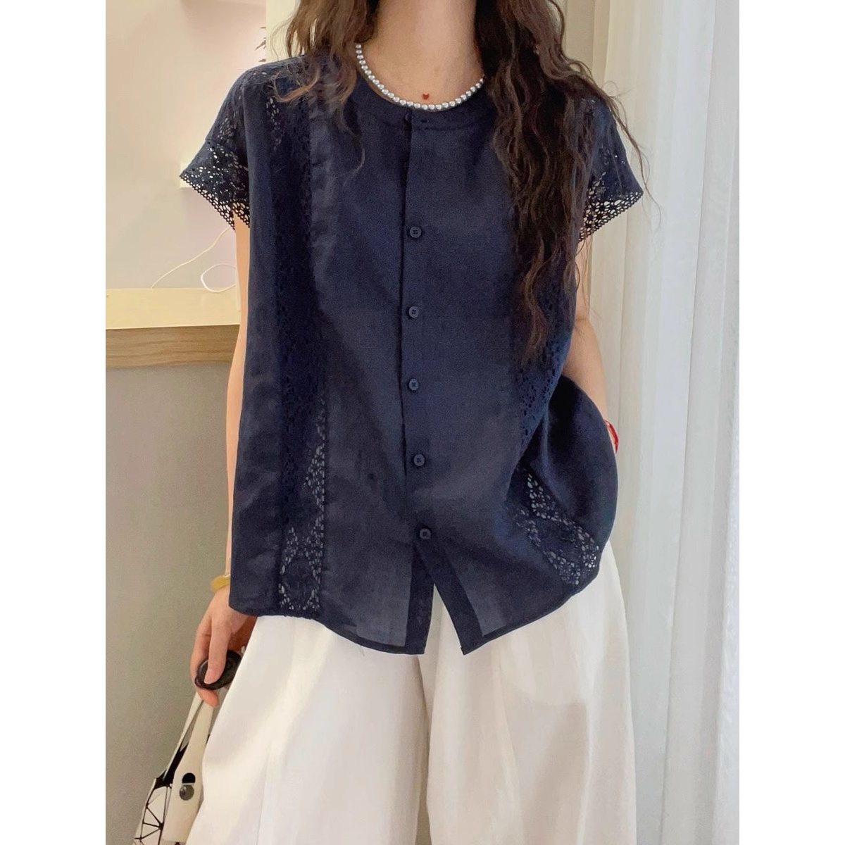 大码女装胖mm蕾丝钩花镂空短袖衬衫2025新款夏季薄款小衫百搭上衣