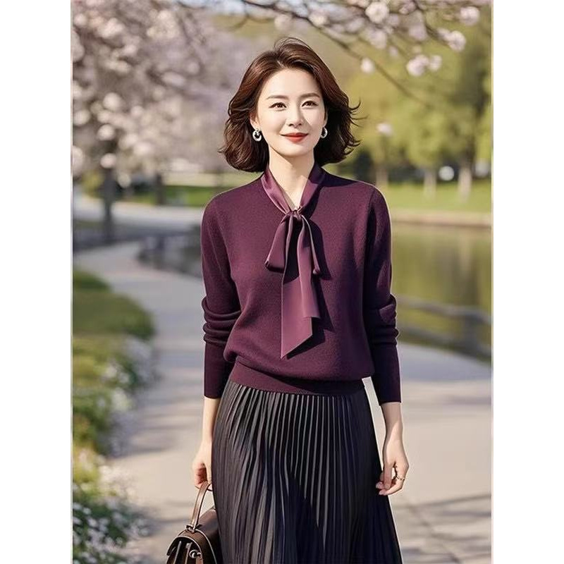 紫色系带蝴蝶结针织内搭打底衫女2025新款秋季轻奢高级感洋气上衣