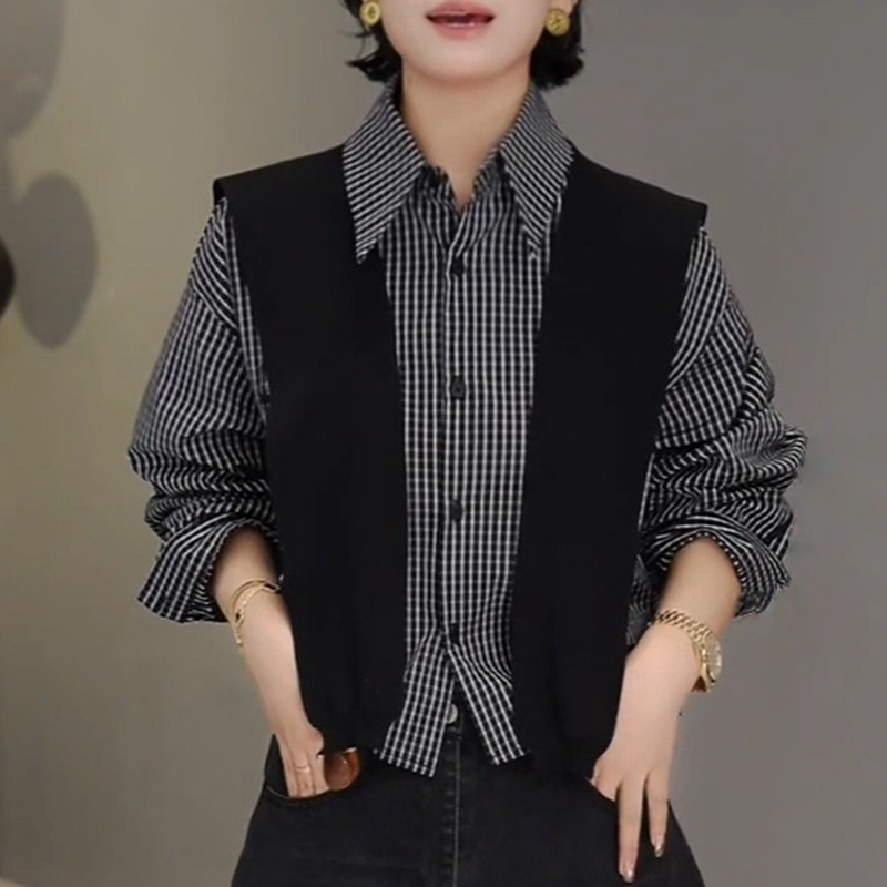（配披肩）韩系时尚假两件条纹长袖衬衫女2025春秋新款洋气百搭上衣