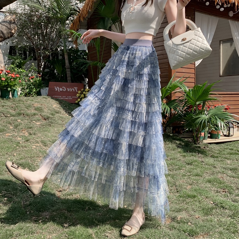 新款扎染长款蓝色网纱蛋糕裙纱裙半身裙女春2025蓬蓬裙子长裙夏季