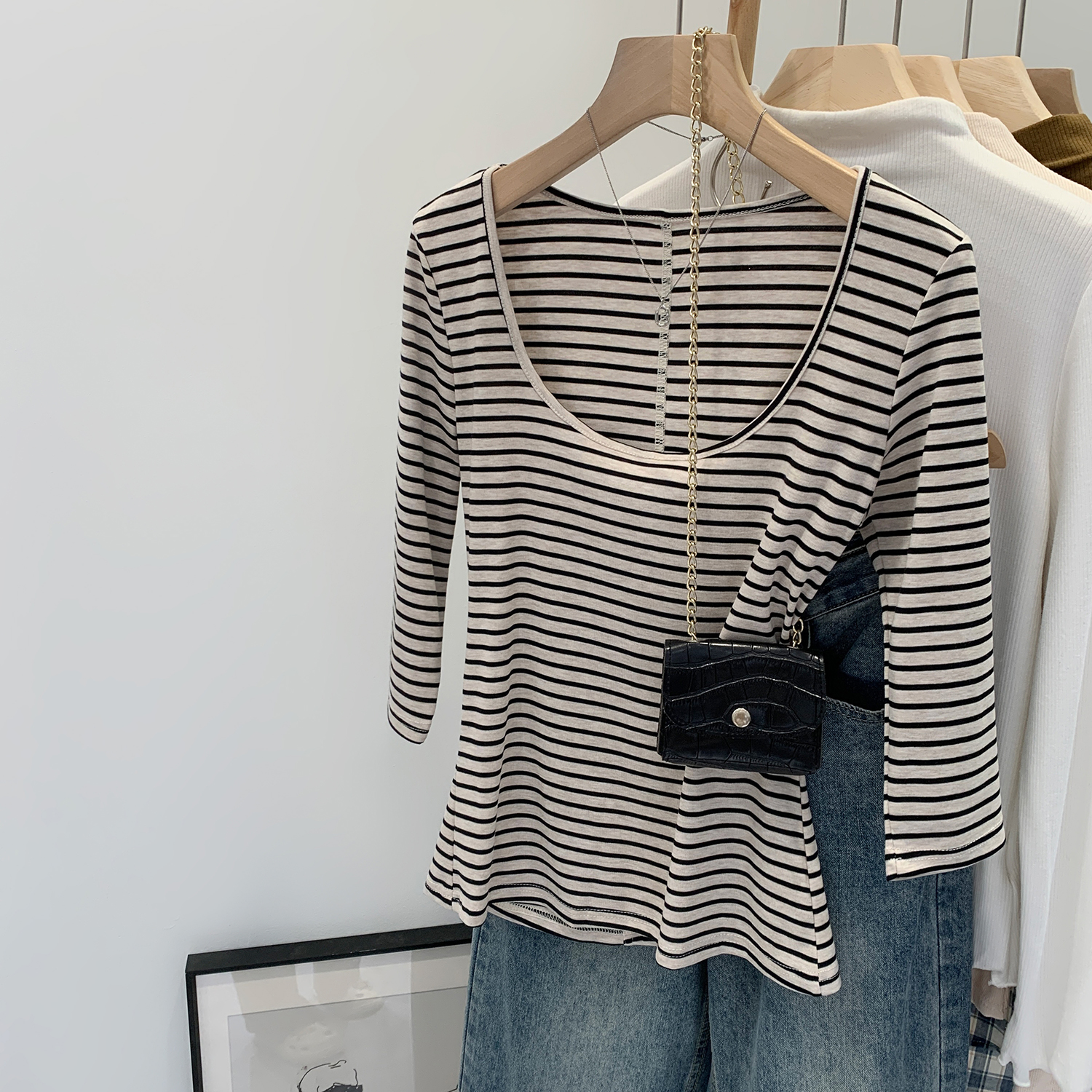 莱赛尔天丝独特条纹中袖T恤女夏2026新款修身显瘦绝美七分袖上衣