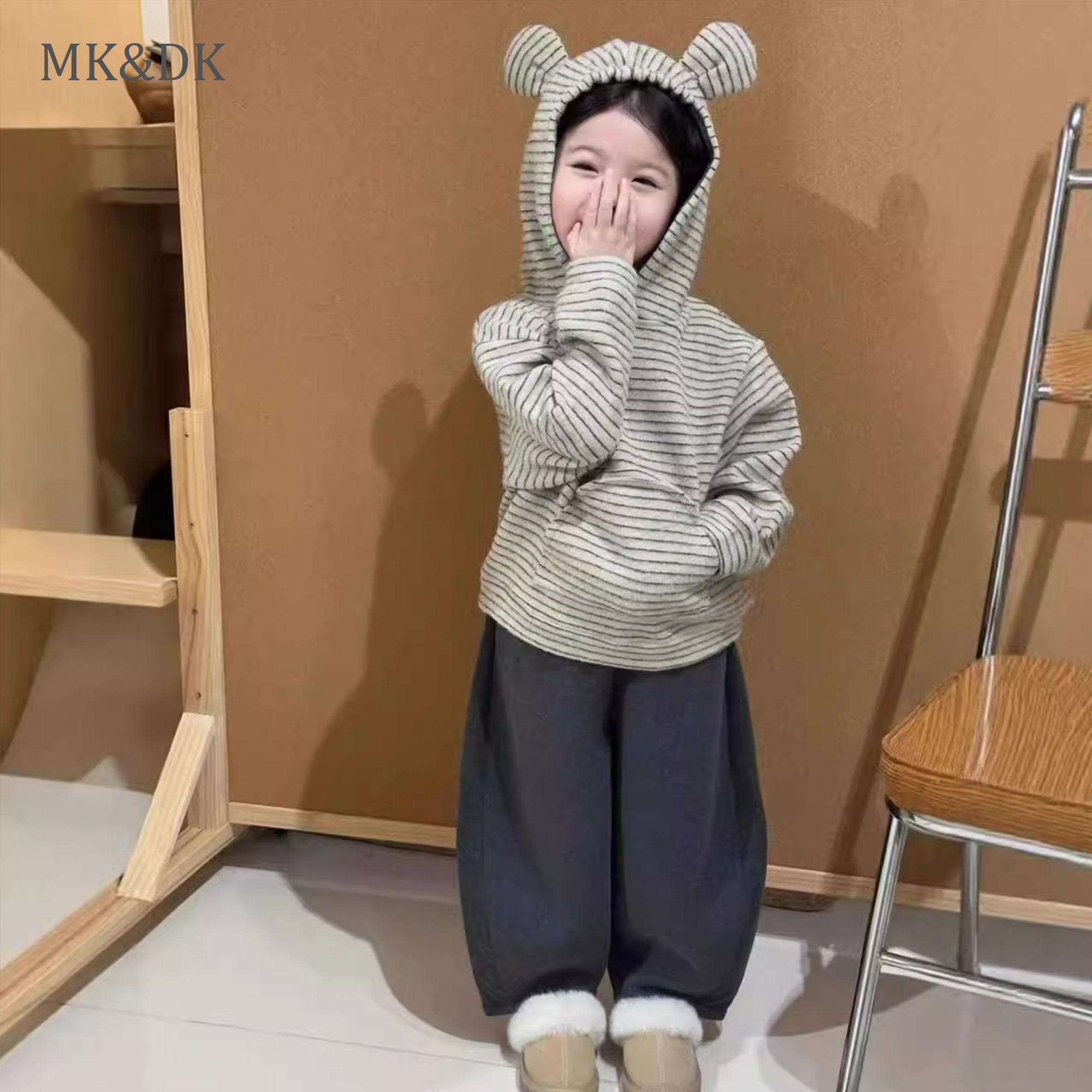 MK&DK儿童卫衣秋季2025女童可爱熊耳朵条纹连帽上衣秋冬宝宝衣服