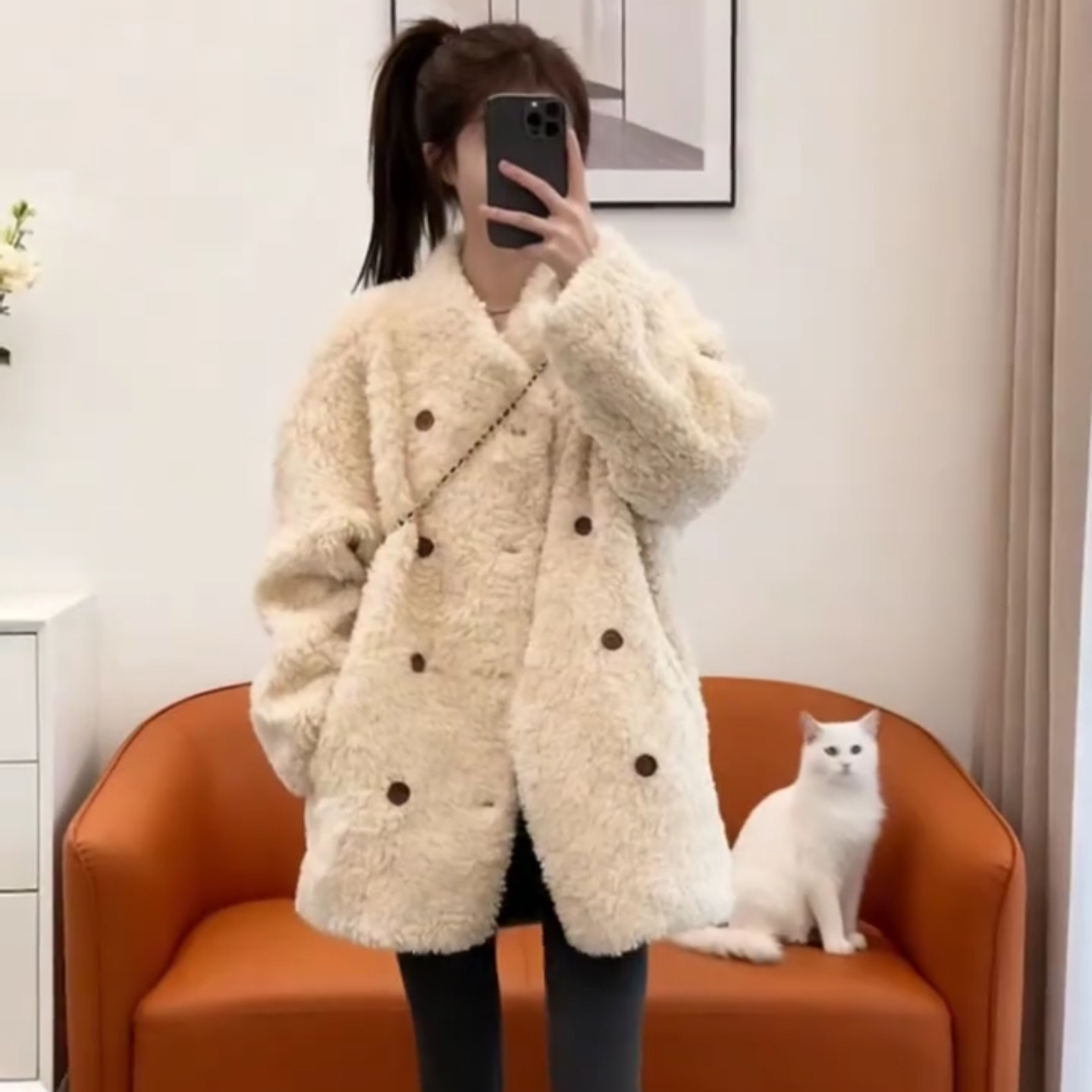 加厚时尚双排扣皮毛一体外套女2025冬新款宽松显瘦小个子洋气大衣