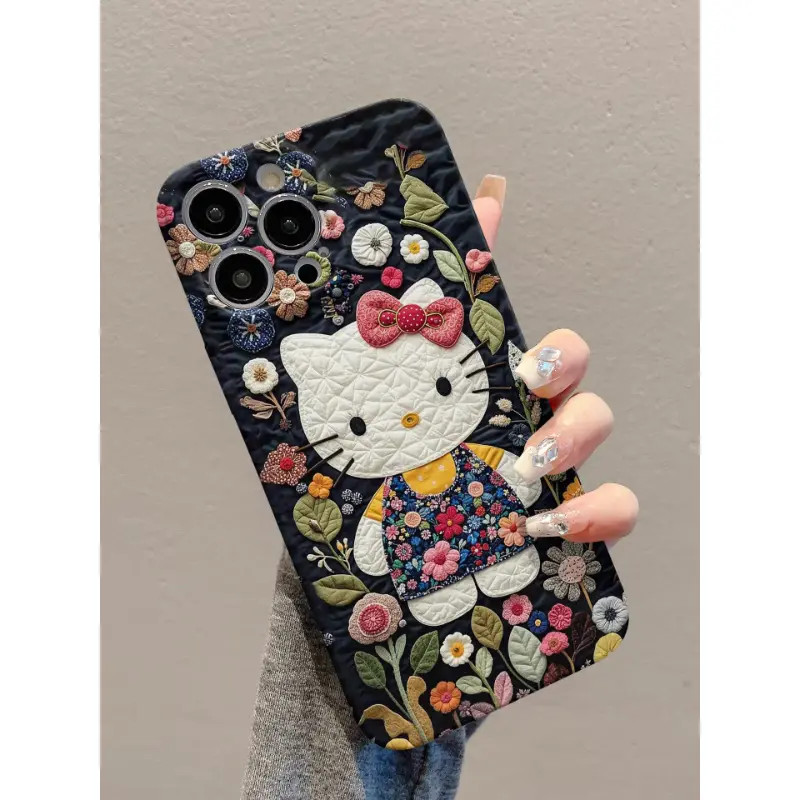 花朵KT猫防摔手机壳适用苹果16pro华为vivo小米15可爱oppo菲林壳