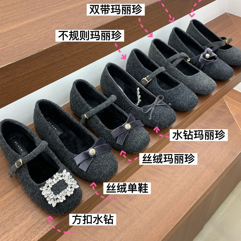 小众灰色内增高复古绒面方扣水钻加绒玛丽珍鞋女2025新款芭蕾棉鞋