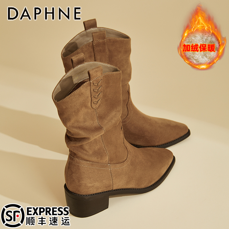 达芙妮小众卡其色西部牛仔靴女秋冬爆款复古风中筒短靴轻便堆堆靴